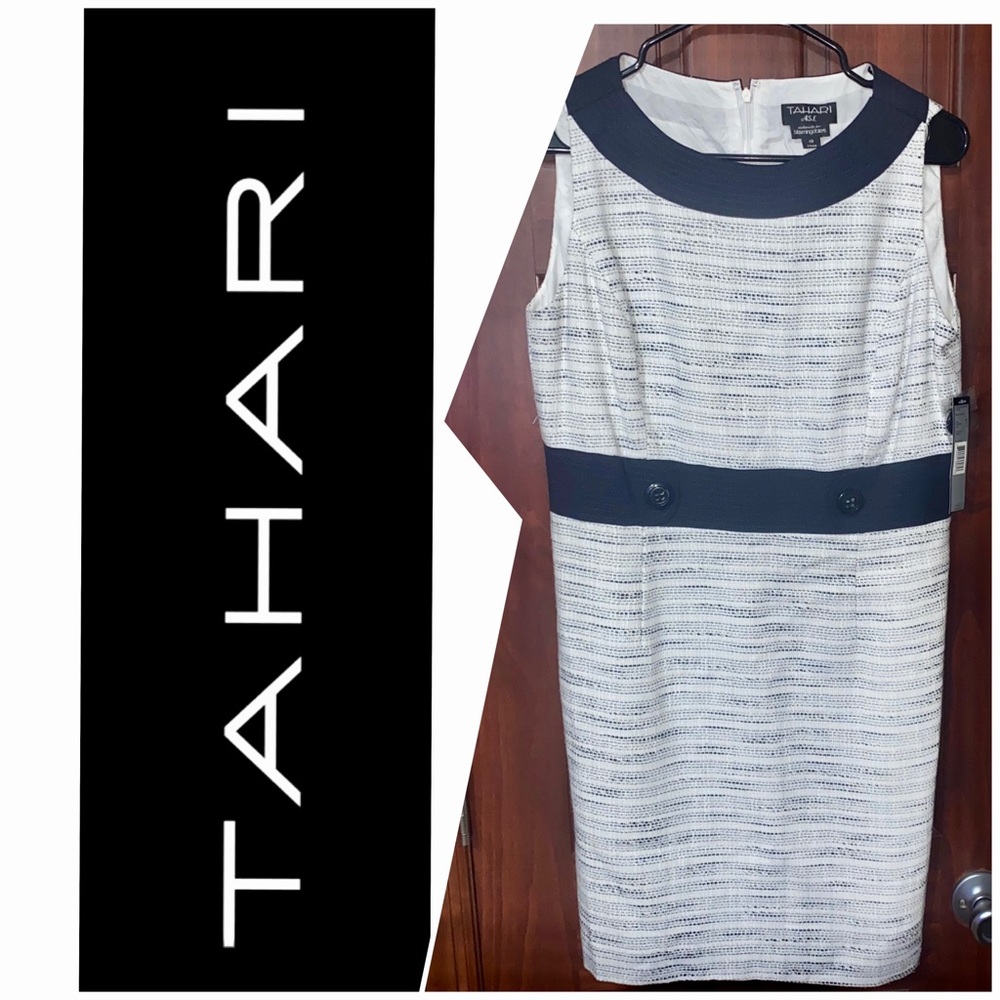 Tahari Navy and White Joyce Fitted Dress